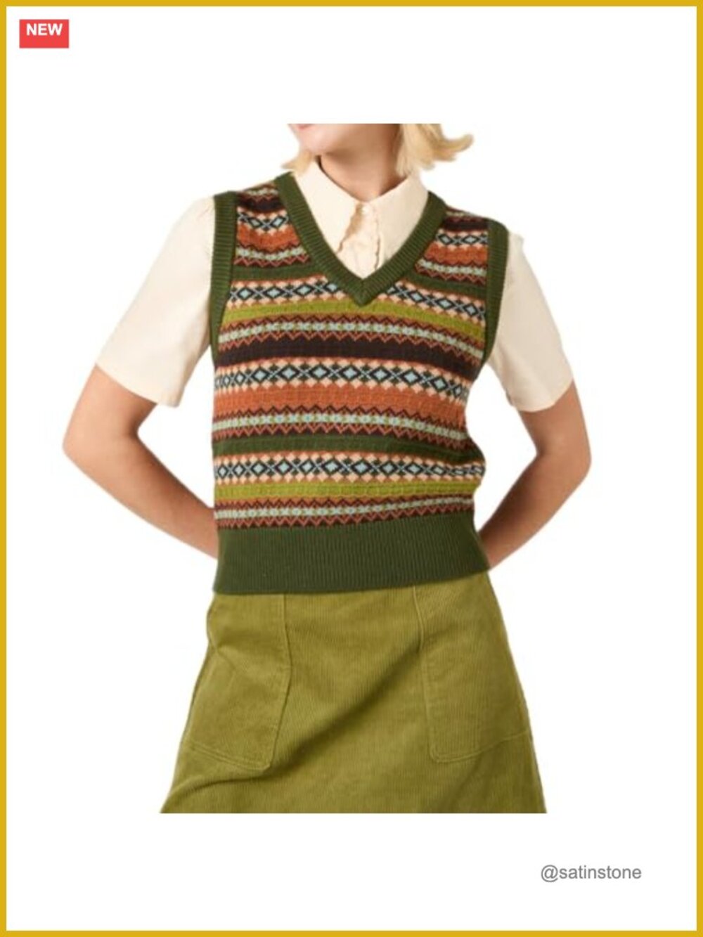 Vintage Knit Crop Sweater Vest Boho Sleeveless V Neck Argyle Plaid Slim Fit